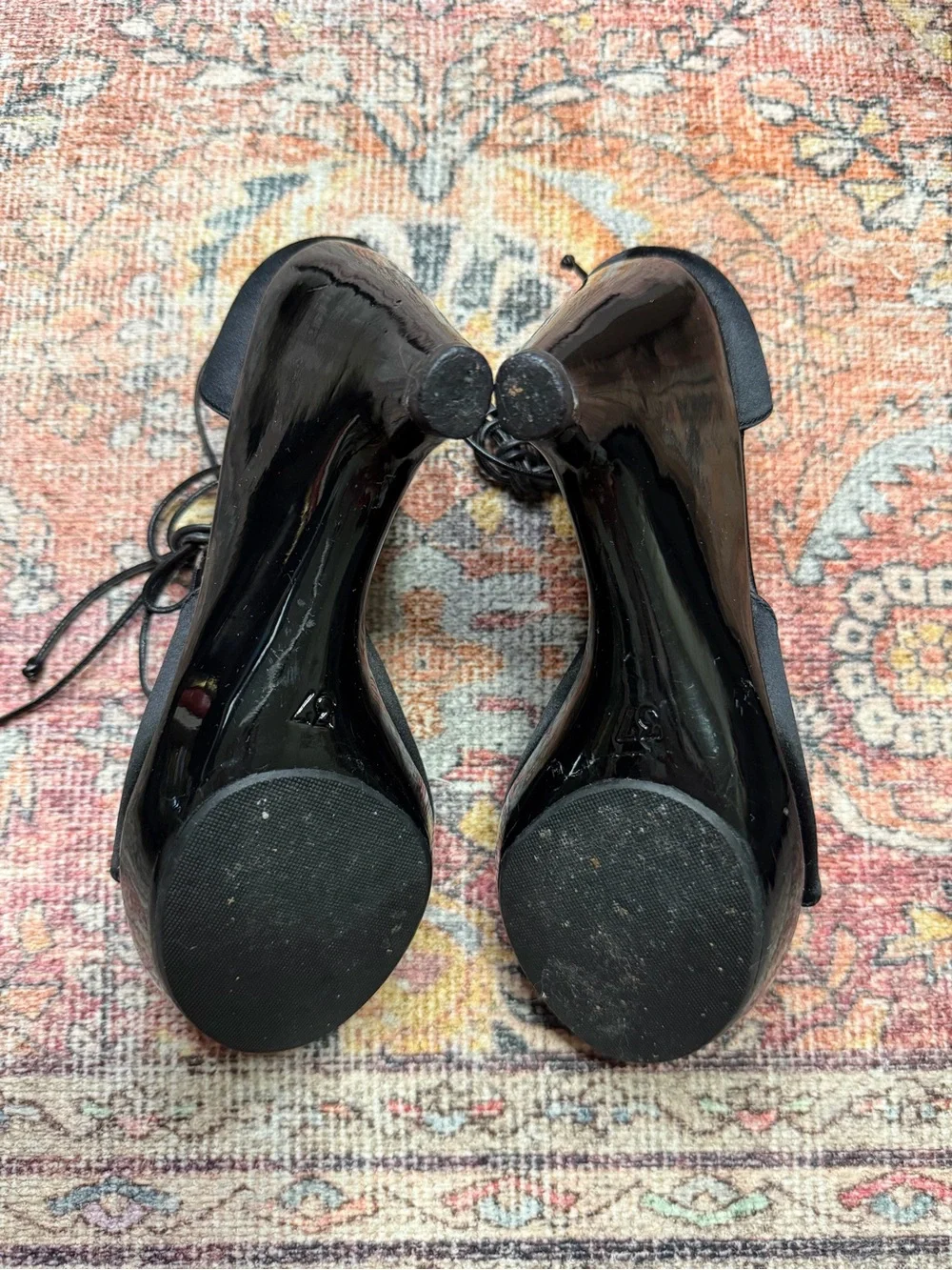 CHANEL 2003 Cruise Collection Black Satin & Patent Leather Lace-Up Wedge Sandals